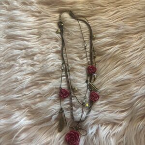 Betsey Johnson Multi-Strand Necklace with Red Rose Accents